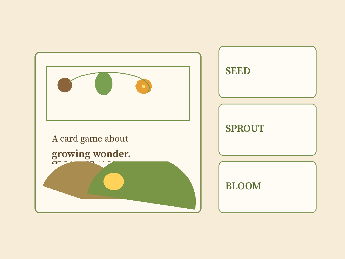Original illustration of a growing-wonder game box with seed, sprout, and bloom cards.