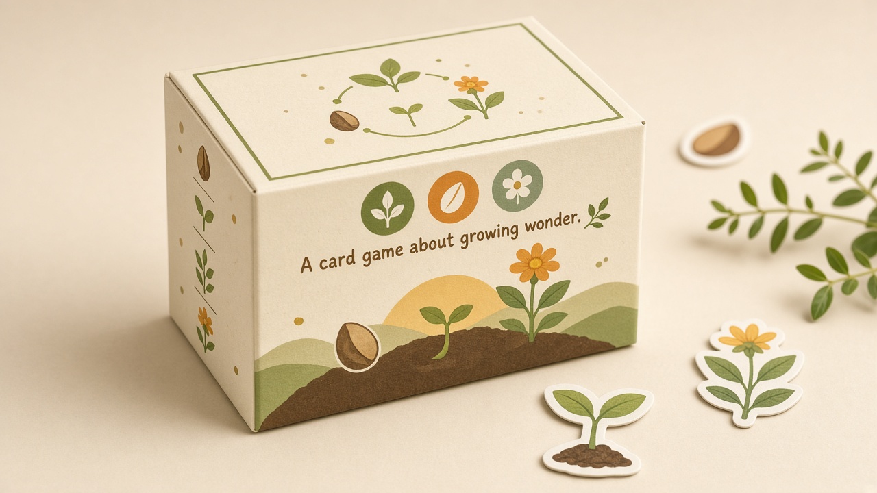 Cream tuck box illustrated with a seed growing into a flower, plus sprout and blossom stickers on a warm background.