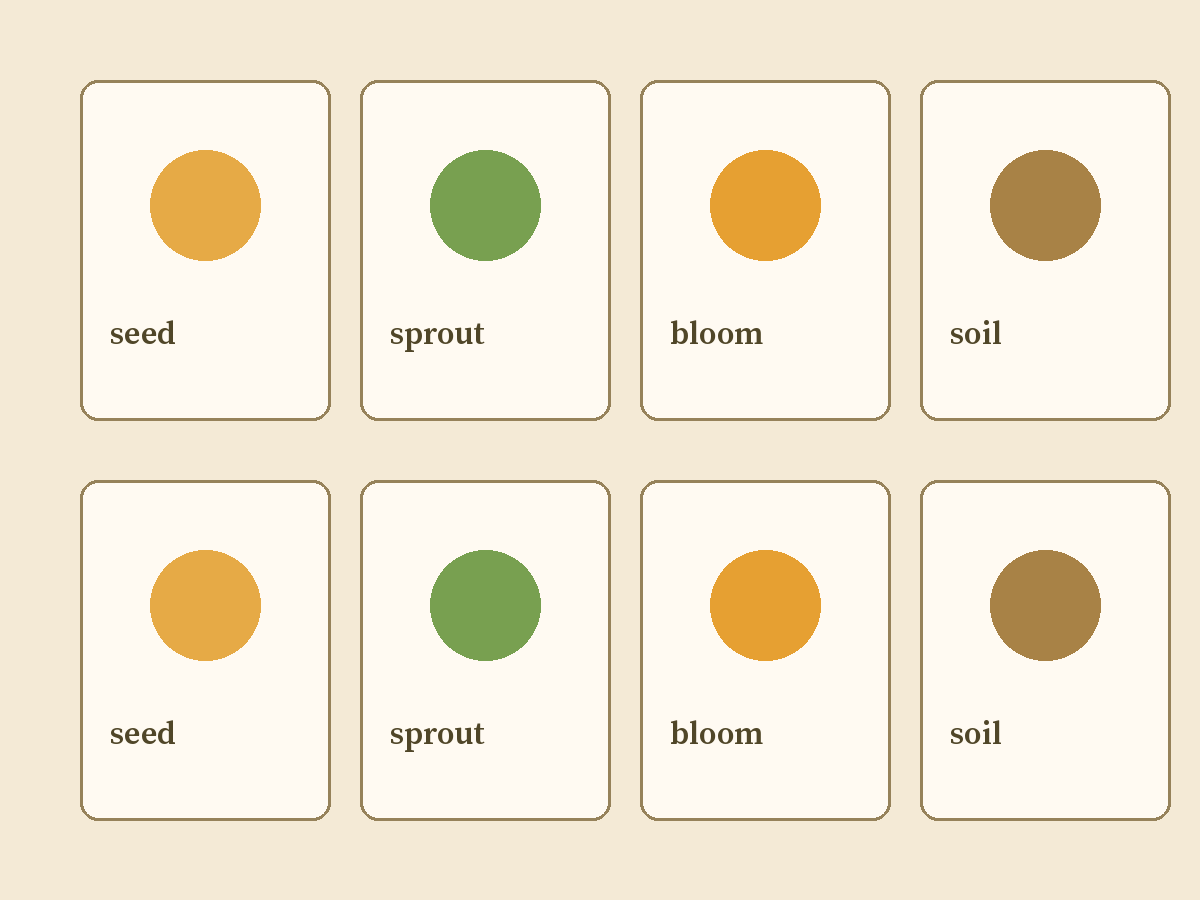 Original illustration of memory-match pairs with seed, sprout, bloom, and soil.